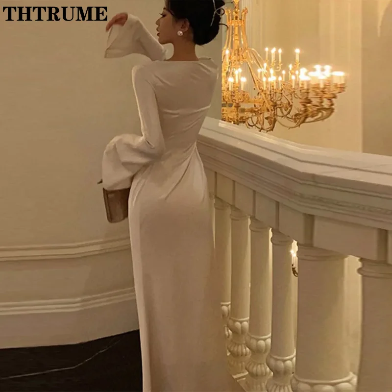 Elegant Women Satin Dress Fashion Autumn Round Neck Flare Long Sleeve Lace Up Bow Maxi Dresses Evening Party Club Vestidos Robe