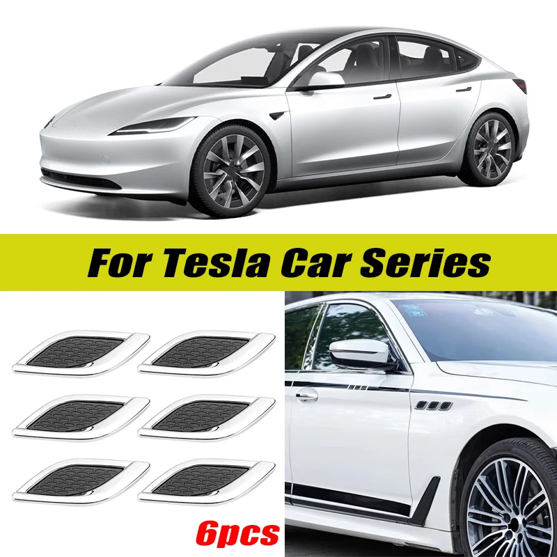 6Pcs Chrome / Black 3D Car Side Fender Air Vent Hood Scoop Outlet Cover Decorative Trim For Tesla Model 2 3 Y S X Cybertruck