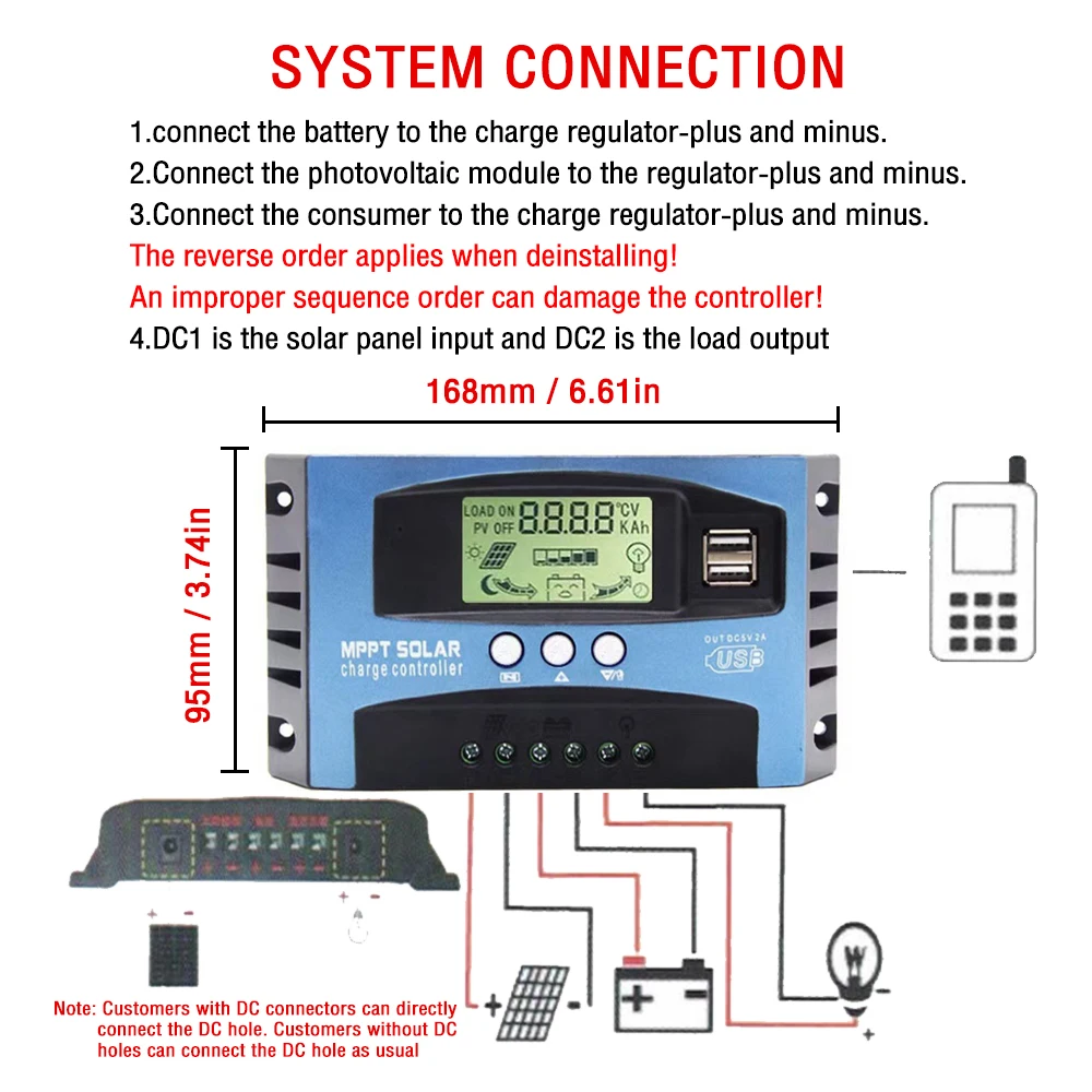 30/40/50/60/100A MPPT Solar Charge Controller Dual USB LCD Display 12V 24V Auto Solar Cell Panel Charger Regulator With Load