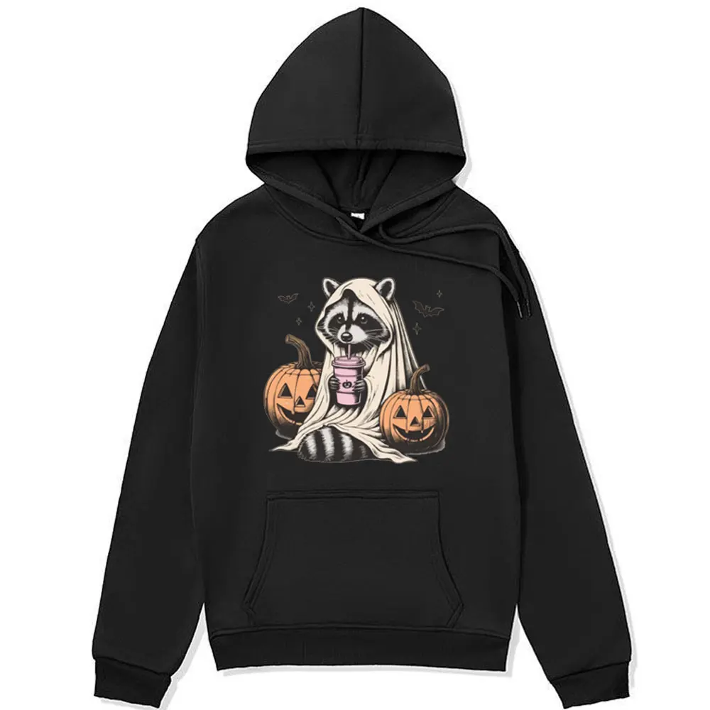 Funny Halloween Sweatshirt Cute Raccoon Ghost Hoodies Men Retro Spooky Season Gift Pumpkin Fall Oversized Hooded Pullover Y2k