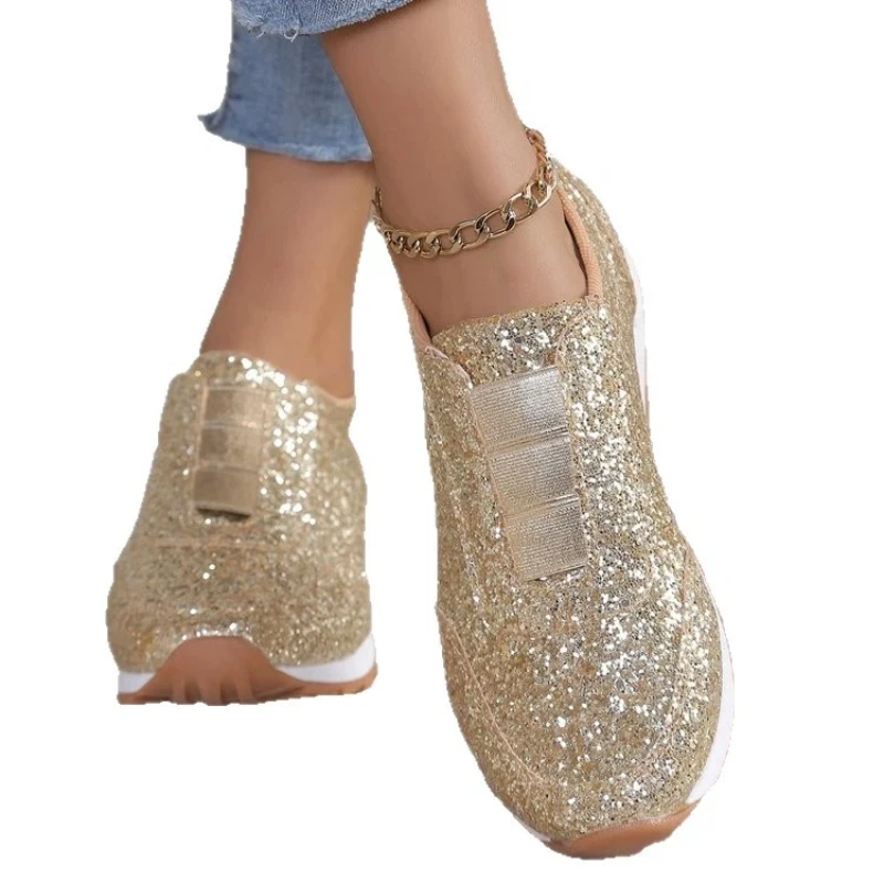 Zapatillas Deportivas Ligeras con Brillantina para Mujer, Primavera-Otoño 2026, con Cordones, Tacón Bajo, Antideslizantes y Cómodas para Caminar