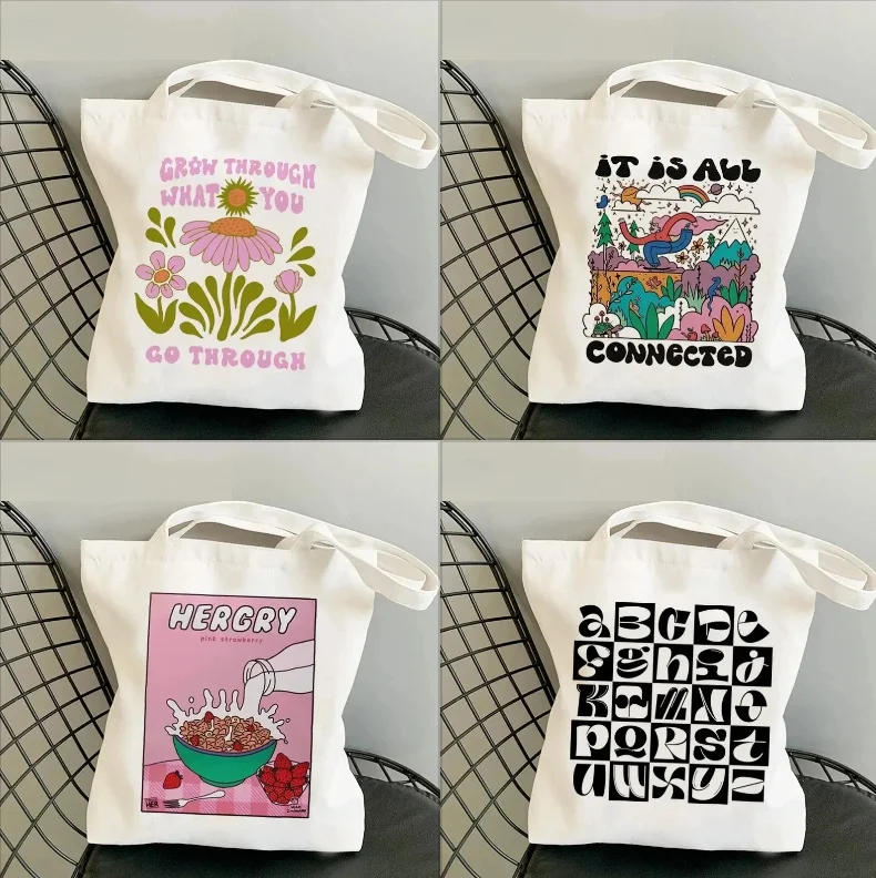 حقيبة كتف بنمط زهور بسيطة للنساء خفيفة الوزن وقابلة للطي ذات سعة كبيرة حقيبة قماش