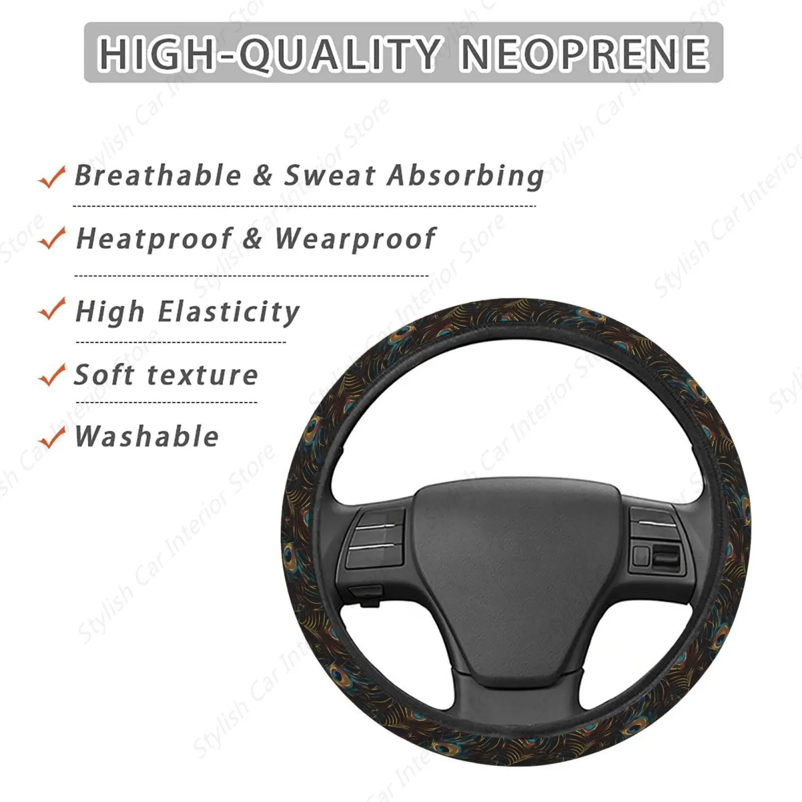 Peacock Feather Pattern Car Steering Wheel Cover Auto Steering Wheel Protector Anti-Slip Elasticity and Breathable Car Accessory