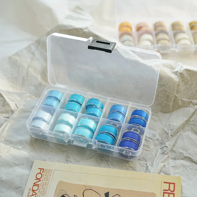 1 Set Shuttle Core Box Transparent Tape Thread 10 Grid Shuttle Core with Fixed Color Sewing Thread Box Shuttle Core Set