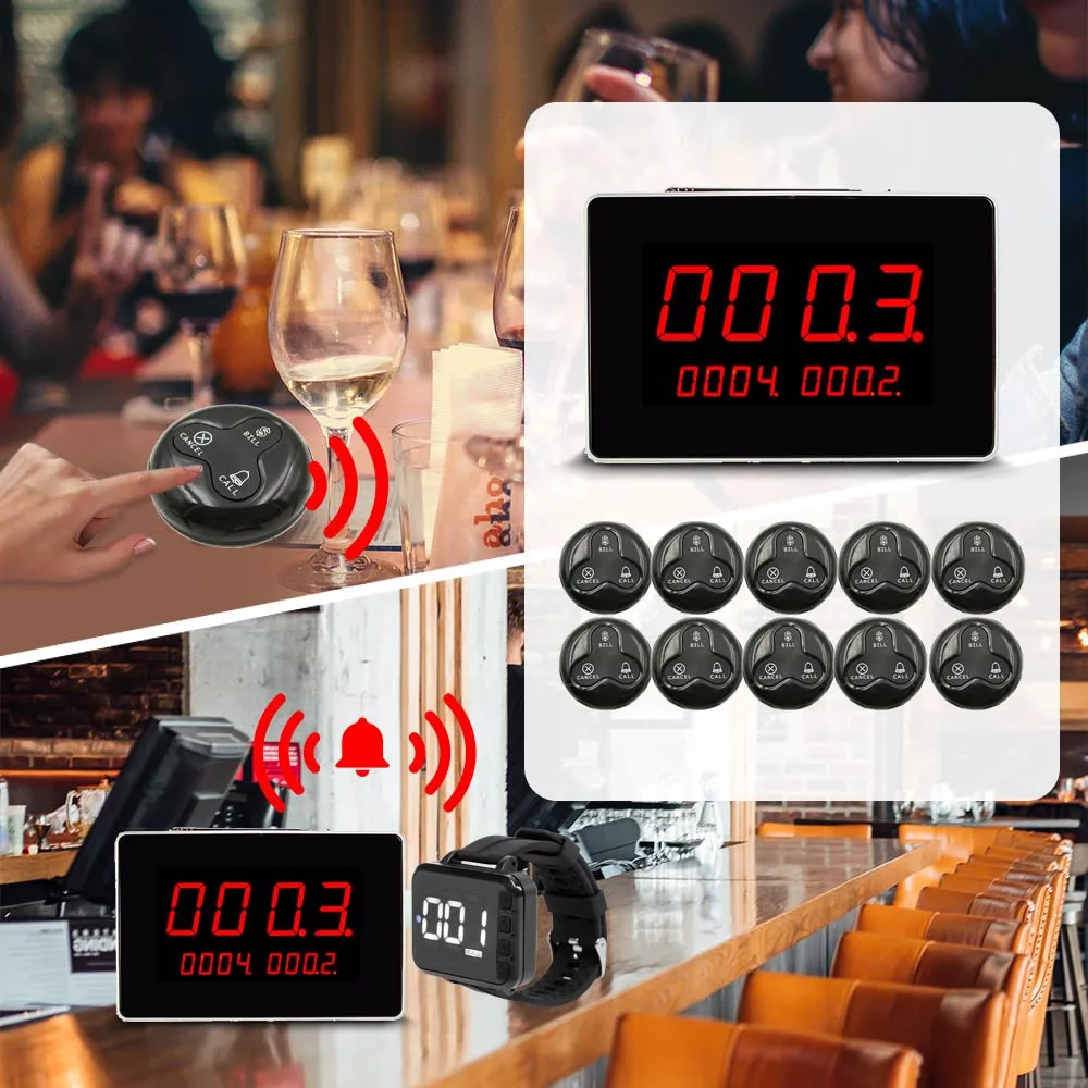 Ycall Restaurant Wireless Pager Call System (1 Display Screen + 2 Wrist Watch Receiver+10 Call Button) for Call The Waiter