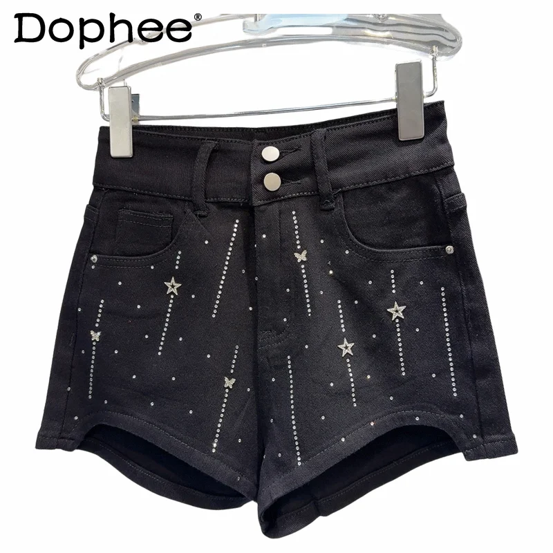 

Meteor Rhinestone Hot Drilling Sexy Girl Denim Shorts 2024 Summer New Street Curved Edge Three-Point High Waisted Shorts Women