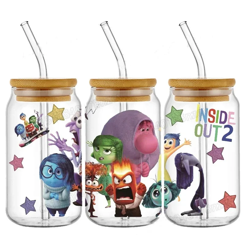 Heiß von innen nach außen 2 uv dtf Wrap Transfer Aufkleber Disney Cartoon Figur Traurigkeit Freude Wut wasserdicht Wrap Aufkleber für 16oz Glas Tasse