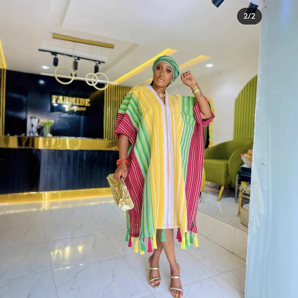 Spring Summer New Arrival Women's Colorful Vertical Stripe V Neck Batwing Sleeve Open Front Tassel Hem Loose Cover Up Maxi Dress