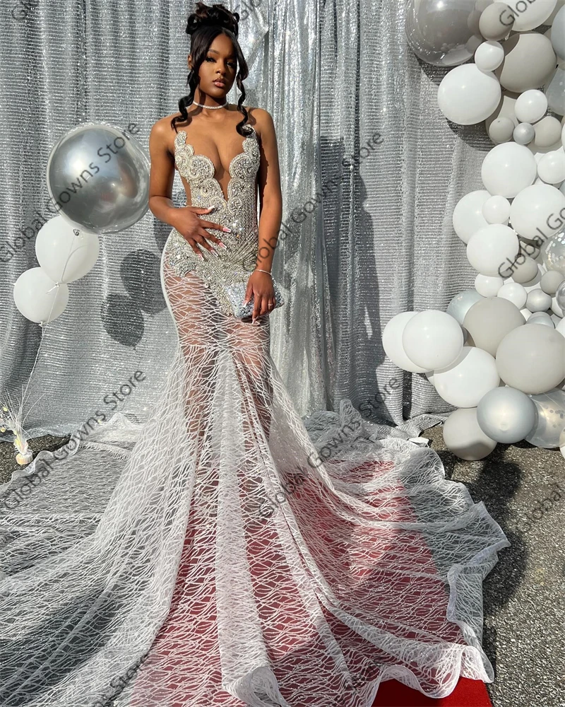 White O N Long Prom Dresses Black Girls Beaded Crystal Rhinestone 2026 Birthday Luxury Dress Mermaid Evening Dresses Customized