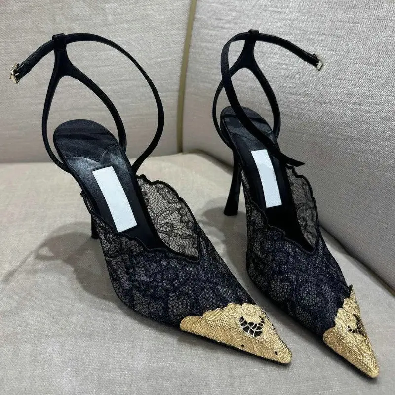 Fashion Lace Sequin Hollow Out Mesh Women Pumps Sexy Pointed Toe Designer Low Heels Slingback Sandals Ladies Shoes