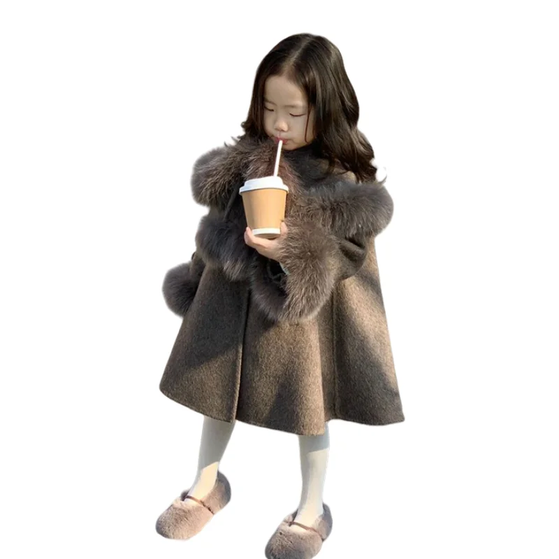 Girls Woolen Coat Overcoat Jacket Windbreak 2024 Brown Warm Plus Thicken Autumn Winter Cotton Teenagers Children\'s Clothing