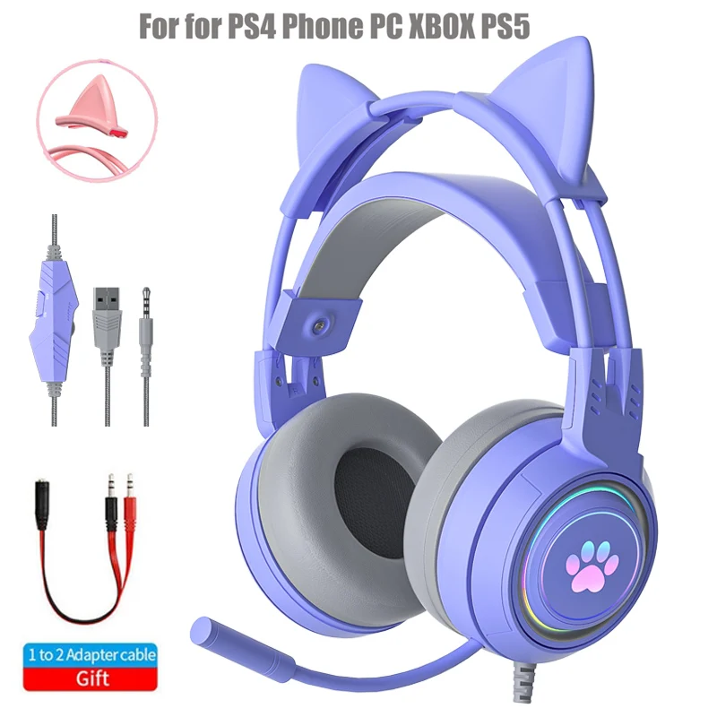 Cat Ear Gaming Headphones For PC Computer Gaming Headsets With Microphone Noise Cancell Wired USB 3.5mm Plug For PS4/Xbox One