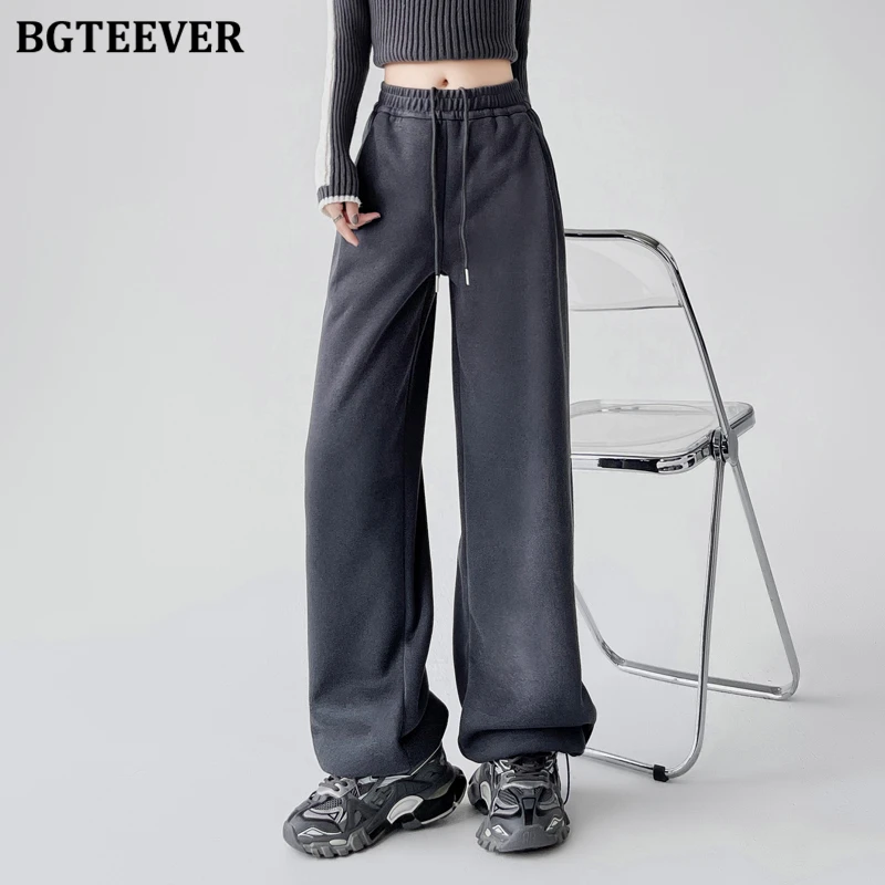 BGTEEVER Autumn Winter Thicken Velvet Loose Female Drawstring Pants Casual High Waist Lace-up Pockets Women Wide Leg Trousers