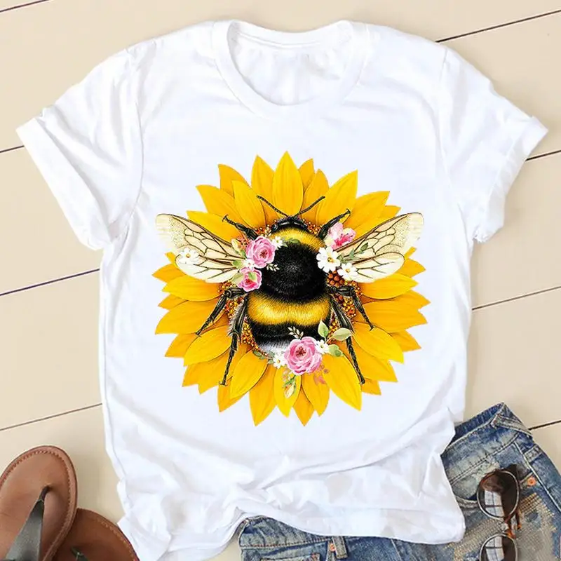 Watercolor Bee T-shirt Watercolor Bee Cute Cartoon Summer Fashion Short-sleeved T-shirt Woman Graphic T Shirts polyester fabric