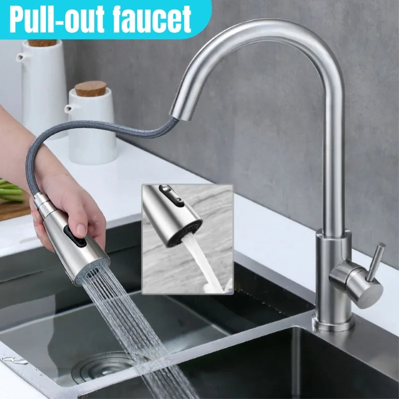 

Kitchen Drain Faucet stainless steel Pull Out Kitchen Sink Water Tap Deck Mounted Mixer Stream Sprayer Head Sliver Hot Cold Taps