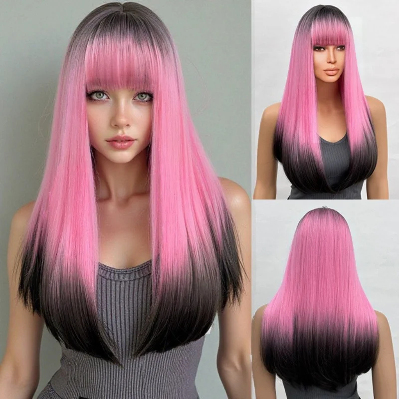 

Full Head Wig Long Loose Straight Hair Pink Black Gradient Color with Bangs Women's Wig Suitable for Daily Use