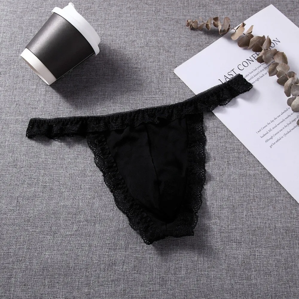 Breathable Low Waist Men's Lace Thongs Underpants Thin Men's Mesh Lace Panties T-back Ruffle Belt Male Briefs Summer