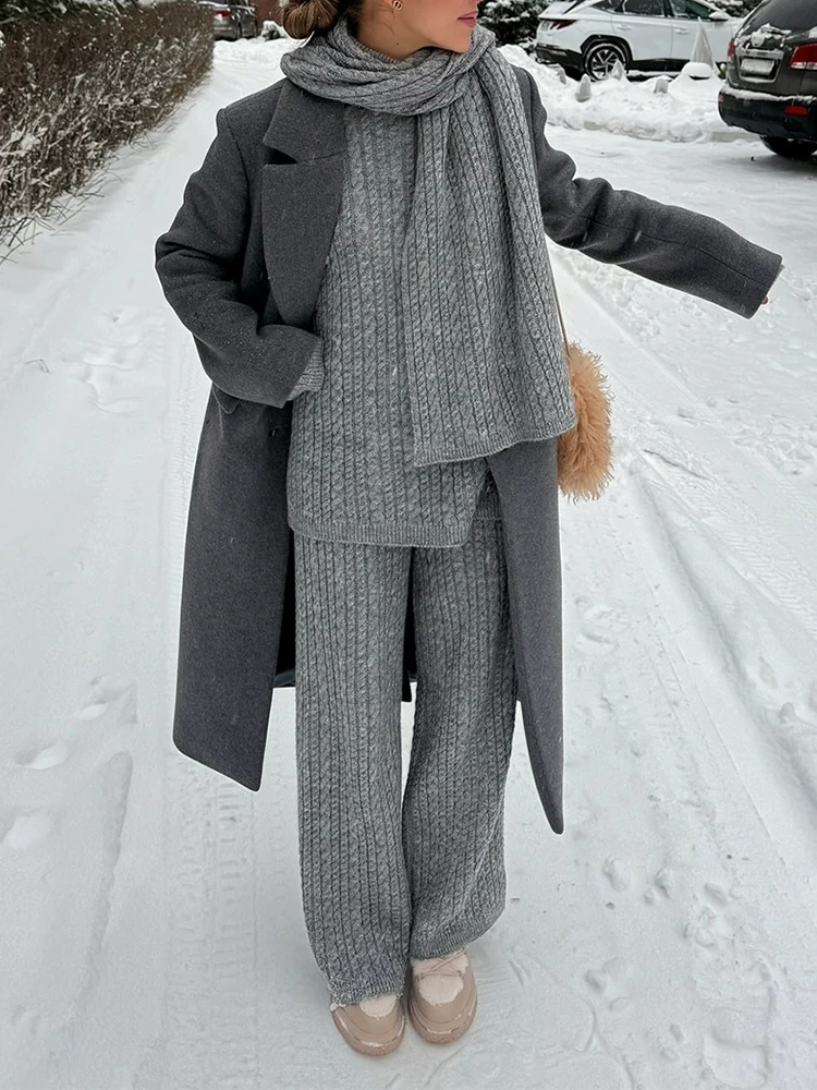 Ropa diaria, nuevo jersey de punto torcido, suéter, pantalones largos, conjunto de dos piezas, suéter de punto suave informal (sin bufanda)