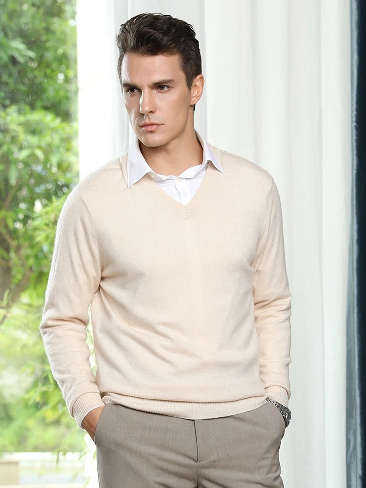 

Мужской свитер с v-образным вырезом, кашемировые пуловеры, осенне-зимняя классика, с длинным рукавом, умный повседневный трикотаж из 100% козьего кашемира, однотонная одежда