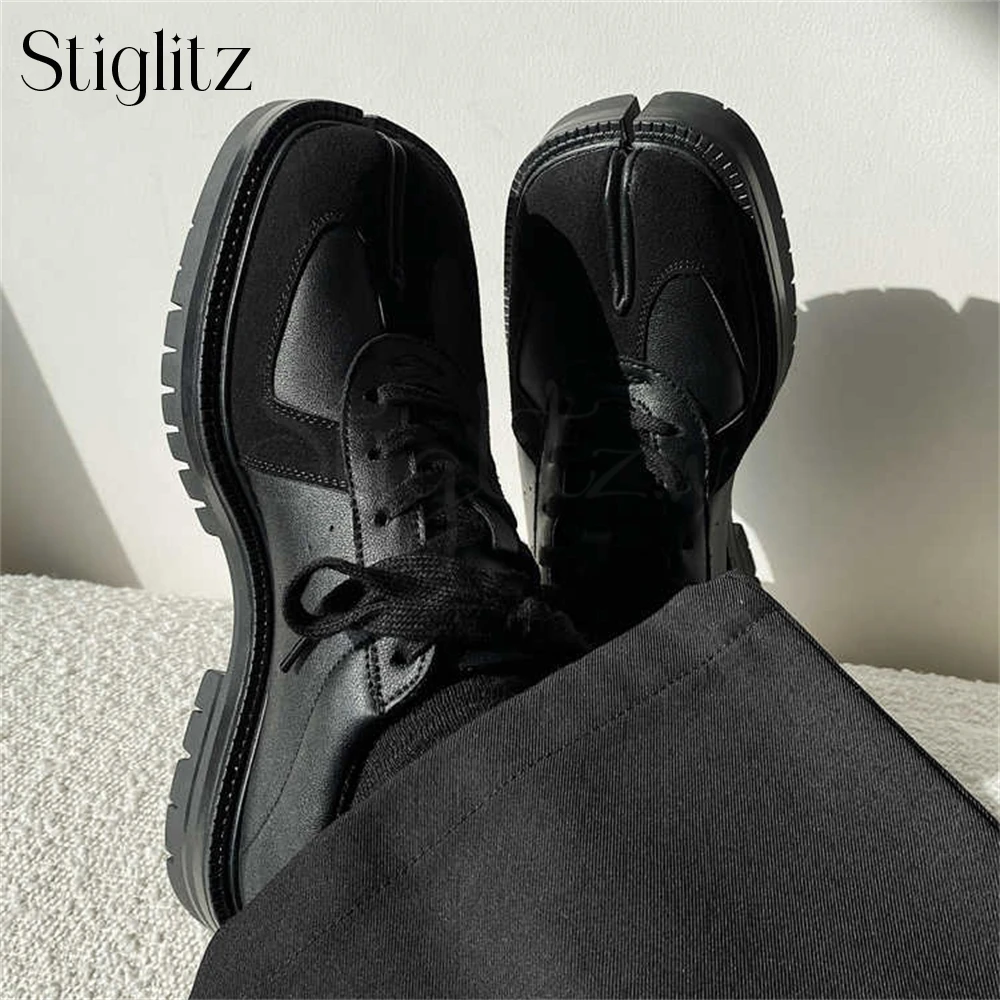 Leather Suede Split Toe Sneakers Designer Style Punk Shoes for Men Platform Split Toe Shoes Black Matte Leather Patchwork Shoes