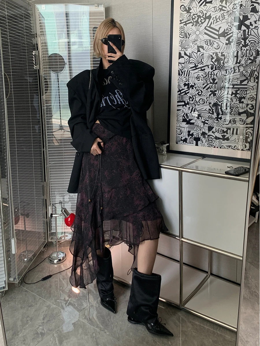 

IAMCPLUS Purple Leopard Print Asymmetrical Skirt Ele Draped High Waist Women's Casual Stand Fit Autumn 2025