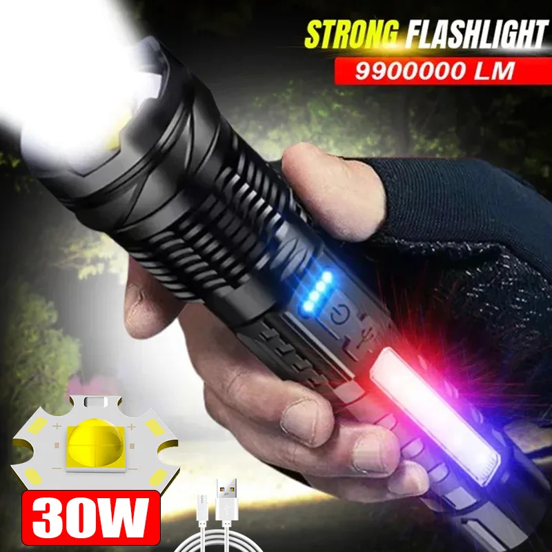 Powerful GT50 LED Flashlight Outdoor Waterproof Torch With Side Light 7 Modes Camping Fishing Lantern USB Rechargeable Zoom Lamp