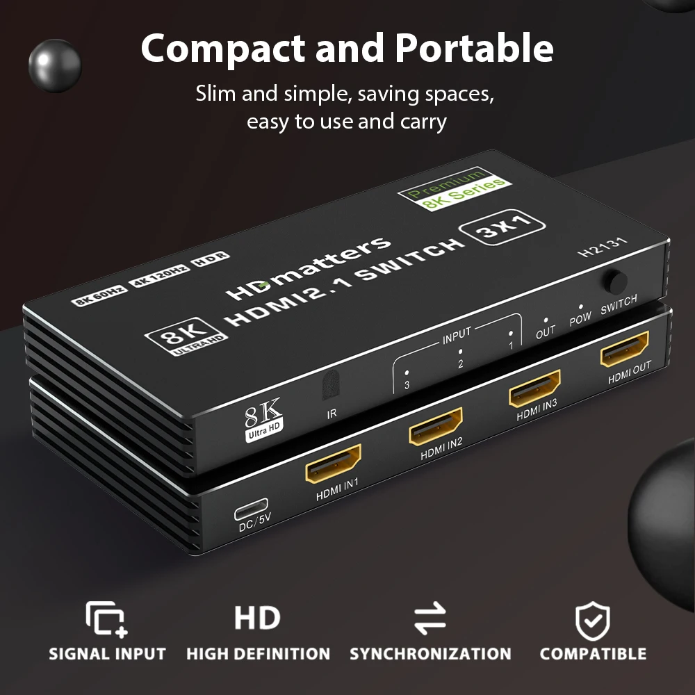 HDMI 2.1 Switch Splitter 120Hz 5-port HDMI 4K 120Hz Splitter Switcher CEC 48gbps HDMI 2.1 Switch 8K with remote HDMI HDR 8K 4K