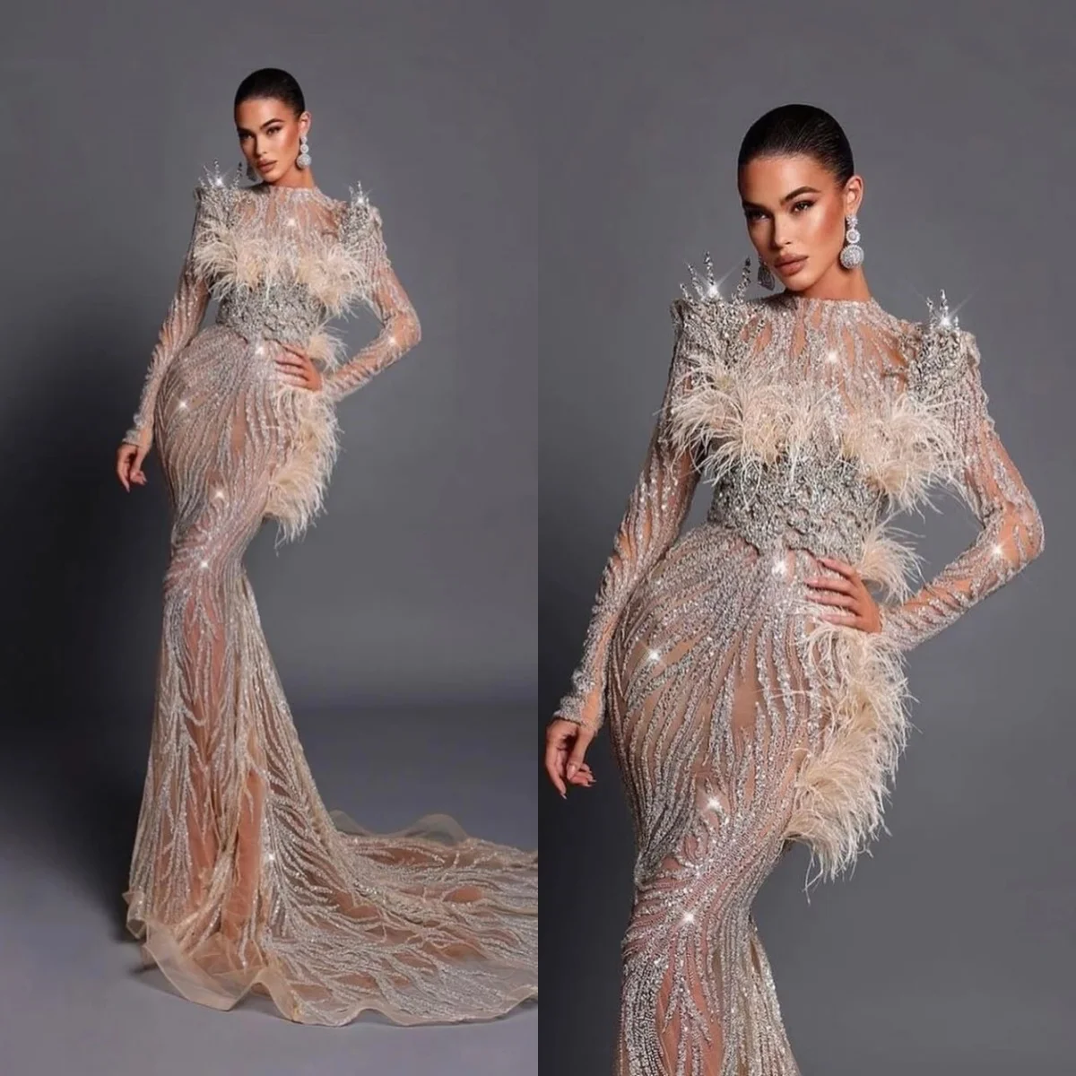 

Luxury Feather Wedding Dresses Sequins Crystal Bridal Gowns See Through Long Sleeves Mermaid Customized Bride Vestidos De Novia