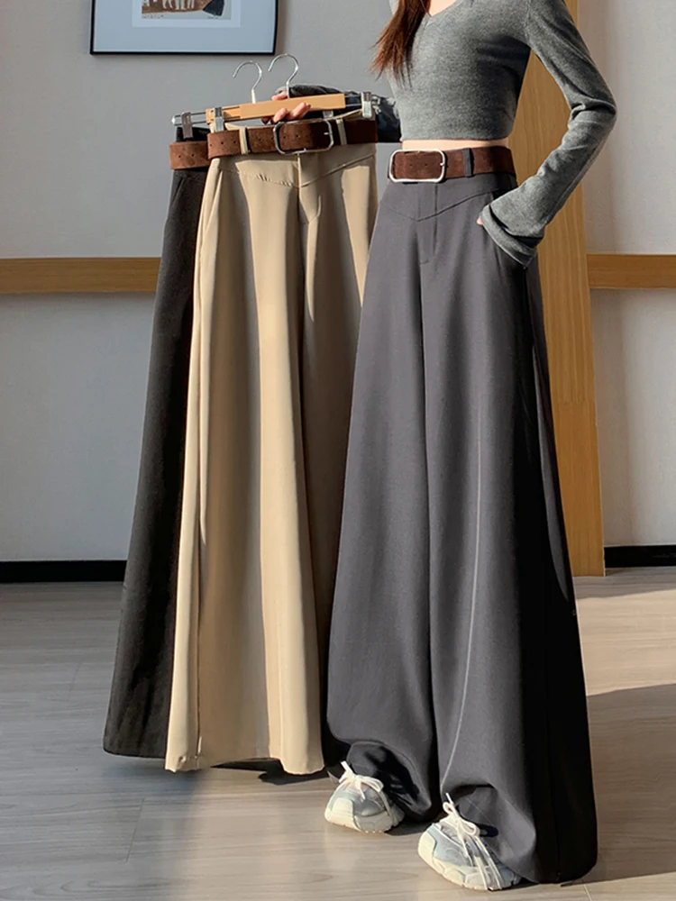 

Ele High Waist Trousers for Women Casual Suit Pants Floor Length Belted Spring Faion Design Straight Leg Pants
