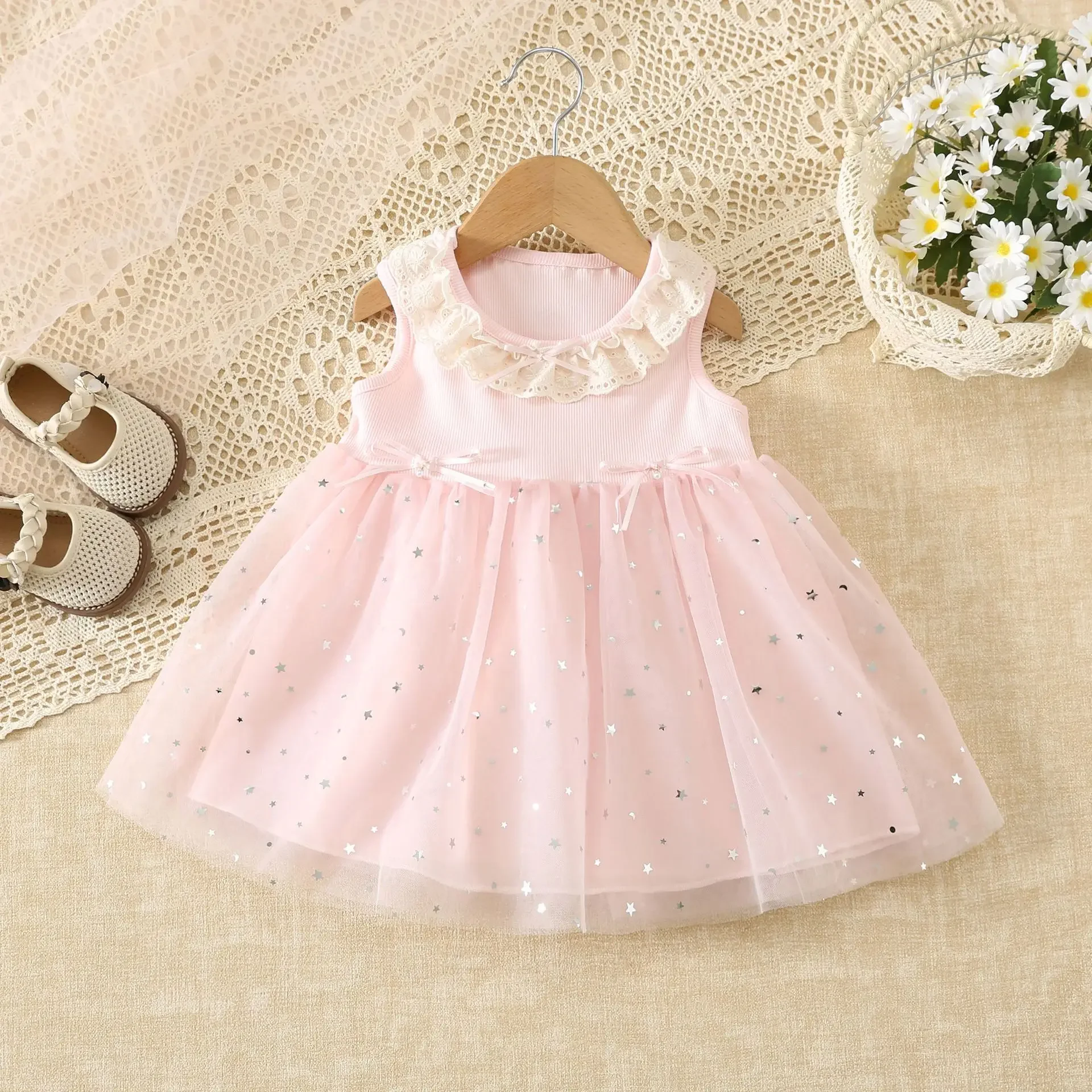 Summer 1-4 Year Old Baby Girl Birthday Party Costume Round Neck Lace Sleeveless Bow Mesh Sequin Dress Korean Version
