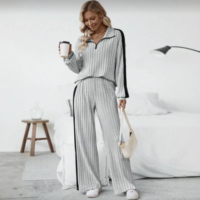 

Women Ribbed Knit Color Block Half Zip Long Sleeve Wide Leg Pants Casual Loungewear Set