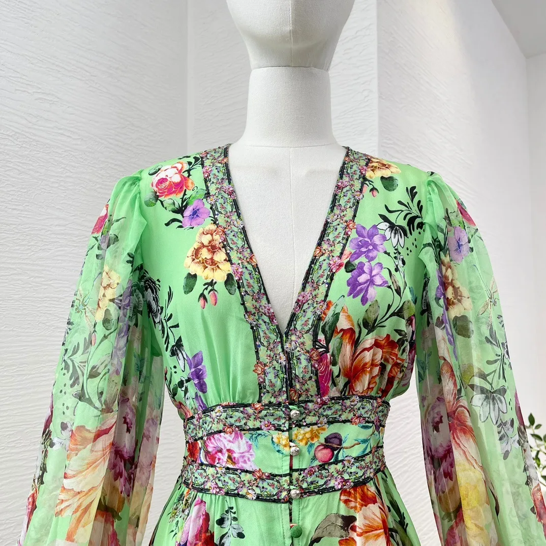 Vestido corto de seda pura para mujer, minivestido de manga larga con estampado Floral verde, diamantes prensados, cuello en V, 2024