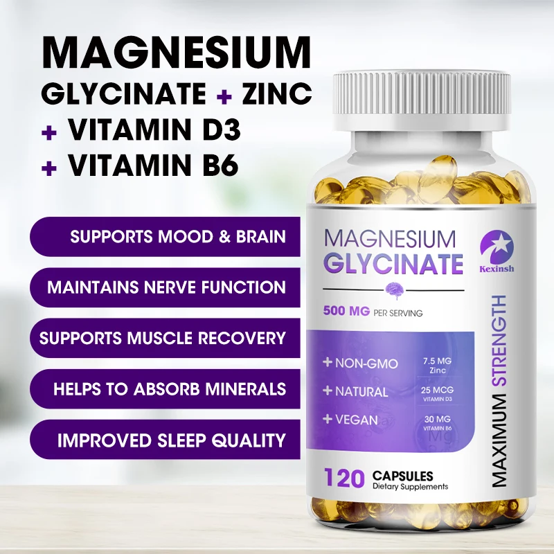 Kexinsh suplemento de glicina-magnesio 500mg con Zinc, vitamina D3 B6 promueve el sueño Natural, reduce el estrés y la ansiedad sin GMO