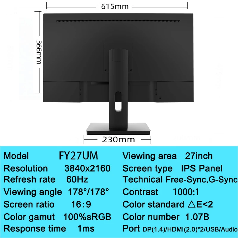 Monitor de computador de 27 polegadas, 4k, uhd, 60hz, ips, 1ms, sincronização adaptável, montagem vESA, 100% rgb, compatível hdmi/dp munitor pra pc