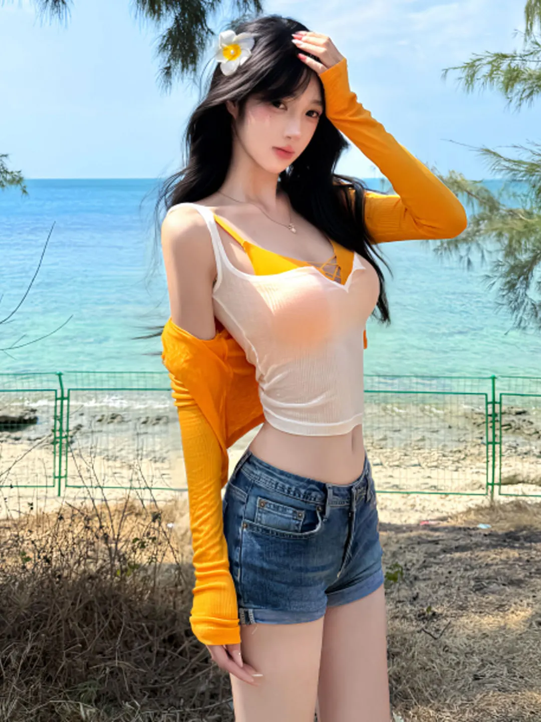 

Весенний пляжный комплект: белый жилет и нижнее белье, готовый образ (OOTD), модный женский ансамбль из комфортного хлопкового денима