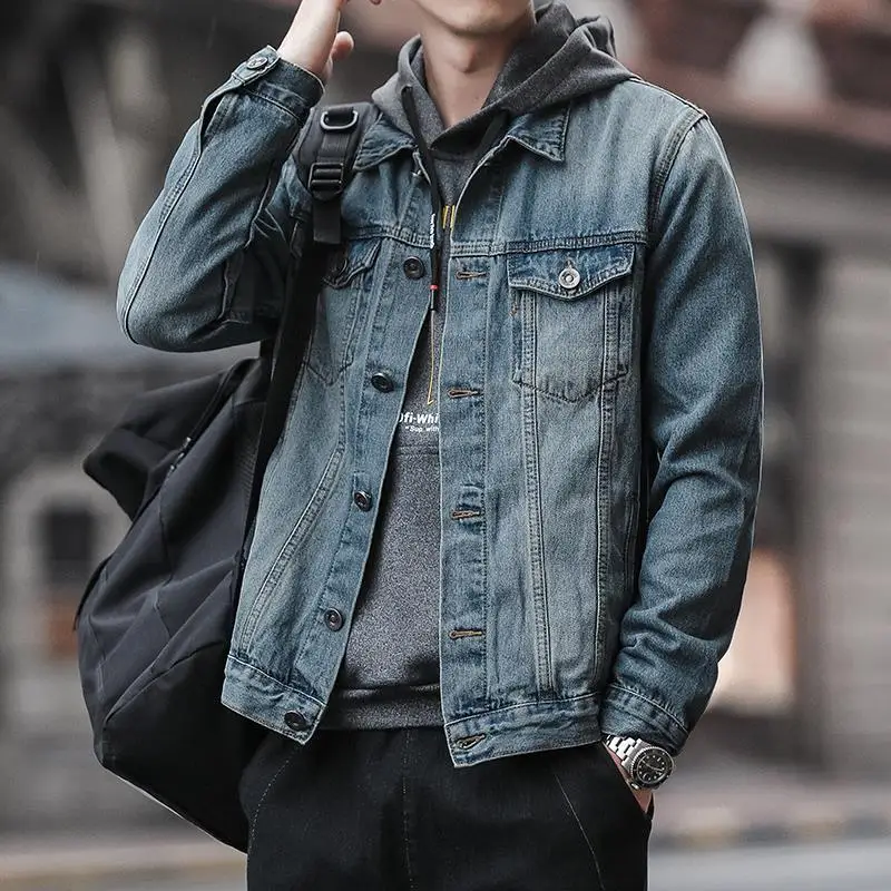 Male Jean Coats Cargo Autumn Japanese Retro Blue Men's Denim Jacket Outwear Menswear Elatic Winter Outerwear Low Cost Original