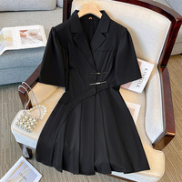Plus Size 150Kg Women's Bust 147 Summer Loose Notched Short Sleeved Suit Pleated Dress Black Large 4XL 5XL 6XL 7XL 8XL 9XL