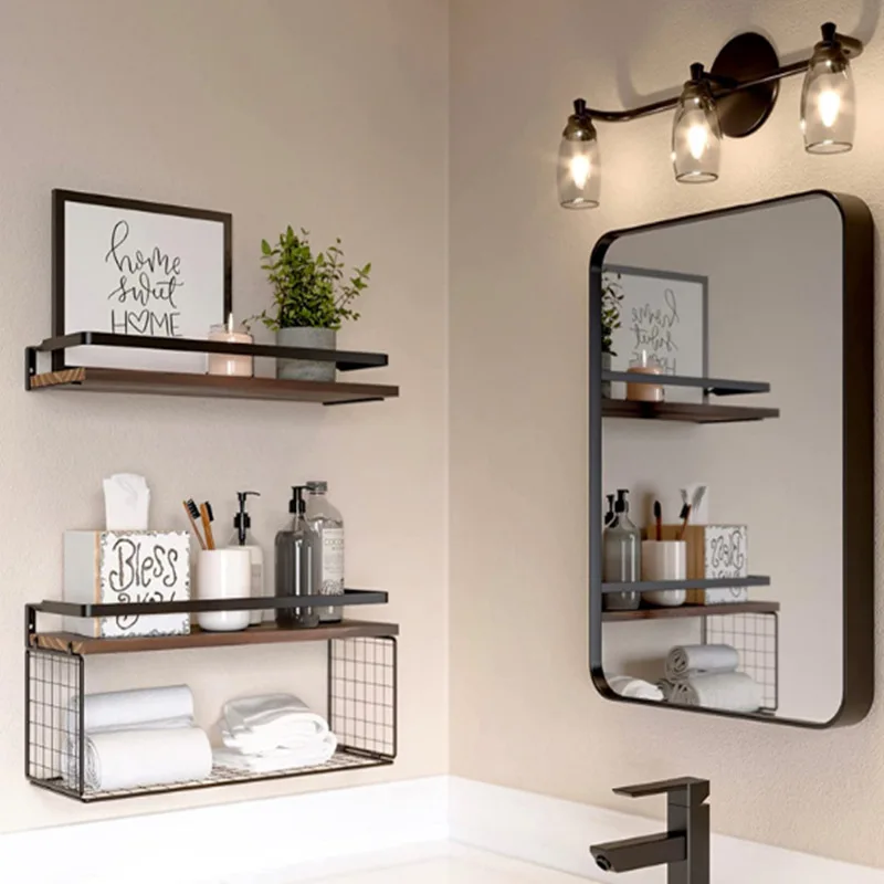 Double Layer Bathroom Rack Wall-Mounted Floating Shelf with Storage Basket Wooden Shelf Metal Bracket Storage Shelf Shelves