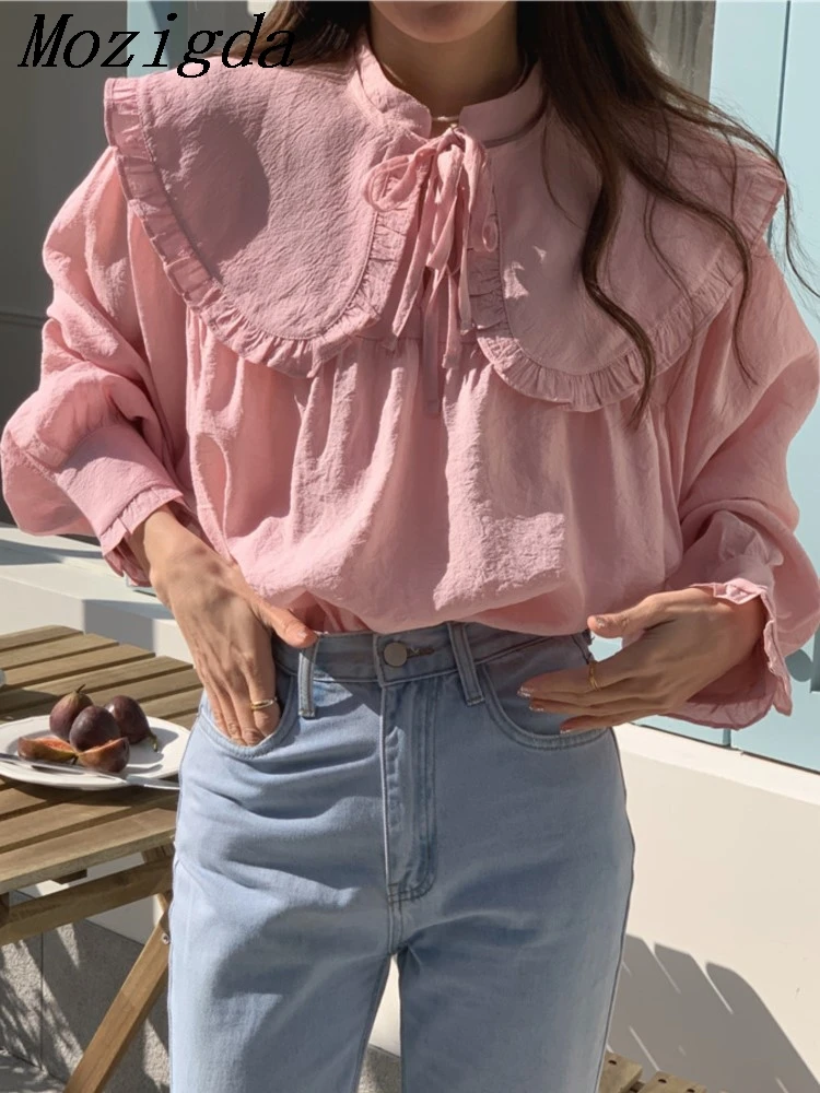 Long Sleeve Elegan Neck Detachable Chic Sweet Korean Fashion Oversized Women Blouses Shirts Spring Vintage Pink Ladies Tops