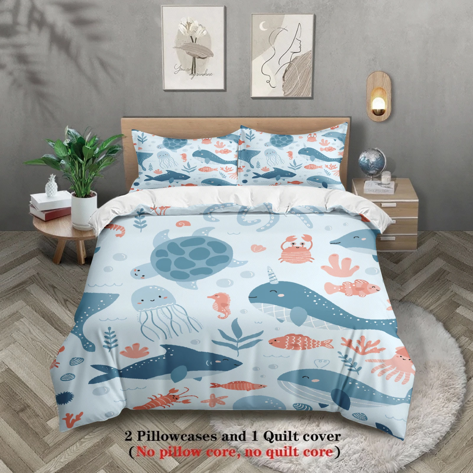 3pcs Ocean Animal Bedding Sets 3D Printed Sea Creatures Duvet Cover Sets With Pillowcases No Filling