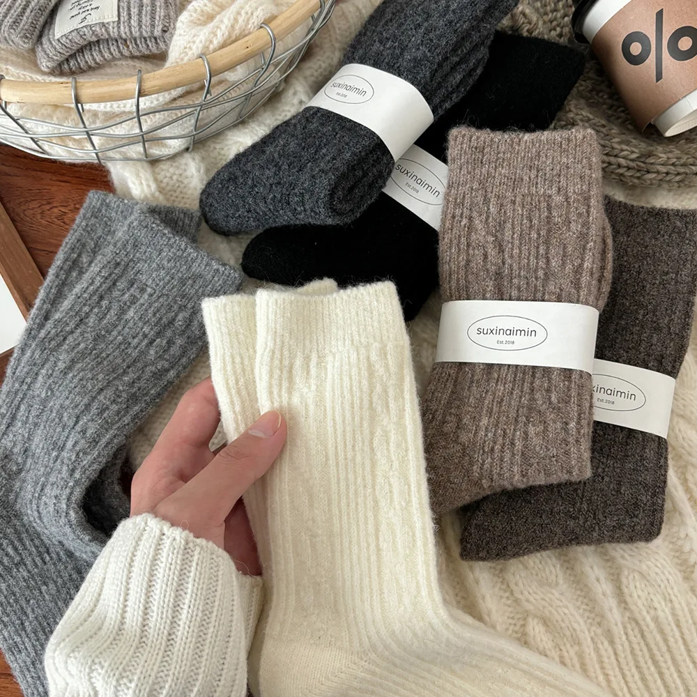 

6 Pairs Women's Wool Thick Socks Set Thick Warm Mid-Calf Socks Fall Winter Solid Color Casual Hot Thermal Socks for Woman 2025