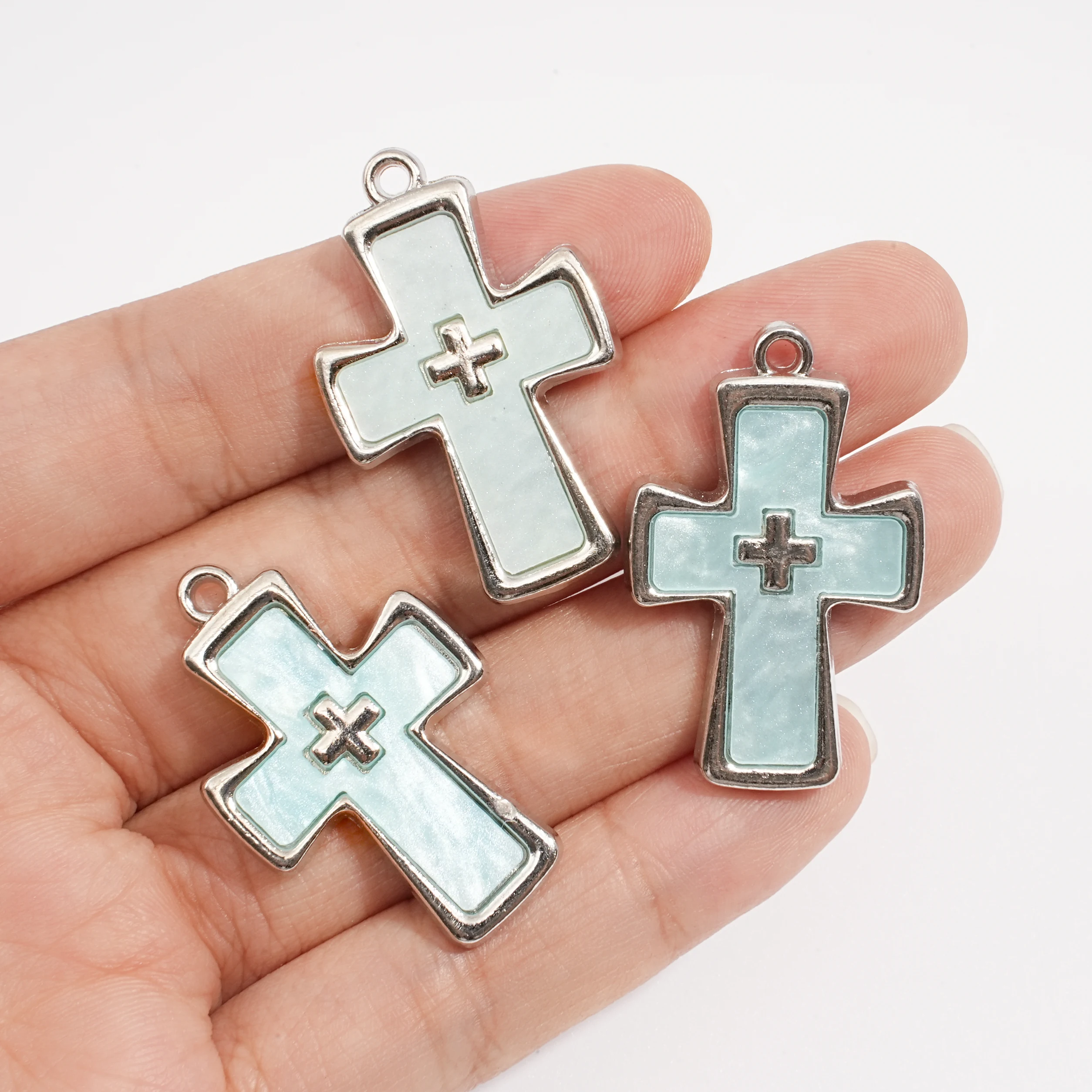 5Pcs Punk Blue Imitation Enamel Double Cross Metal Pendant Silver Edge Cross Pendant Necklace Bracelet Jewelry Accessories
