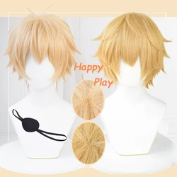 Anime Denji peruka do Cosplay 2 kolorowe jasny złoty/złoty żółty 30cm krótkie Anime peruka do Cosplay odporne na ciepło syntetyczne włosy Halloween