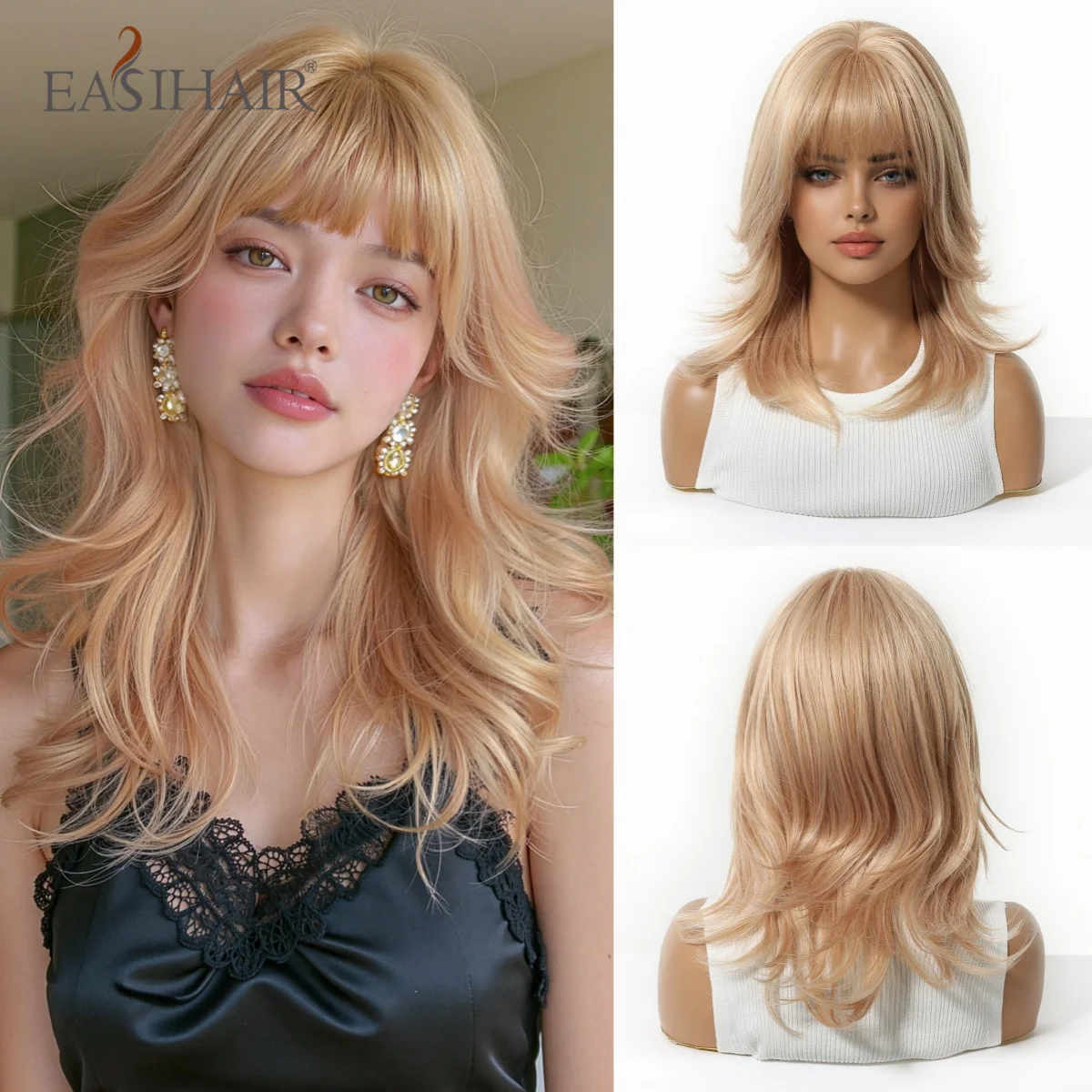 18inch Golden Blonde Layered Wavy Synthetic Wigs with Bangs for Women Natural Look Blonde Party Cosplay Hair Wigs Heat Resistant