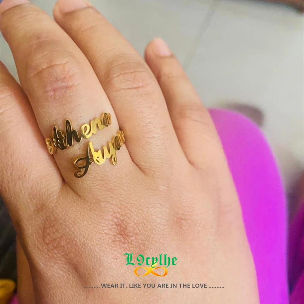 Gold Family Rings for Women Men Custom Double Name Ring Personalized Stainless Steel Jewelry Adjustable Couple Rings