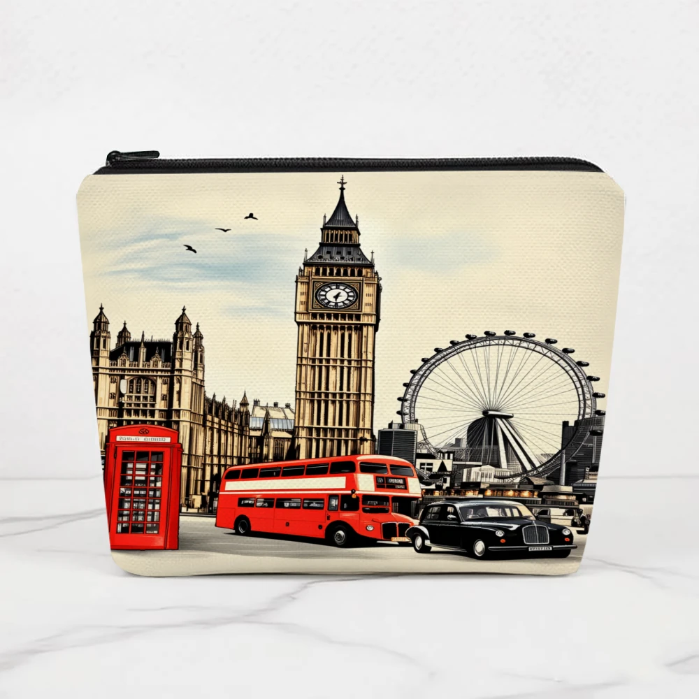 London Landmarks Red Bus Phone Booth Makeup Bags for Girls Cosmetic Pouch Toiletry Bag Pencil Case Travel Storage