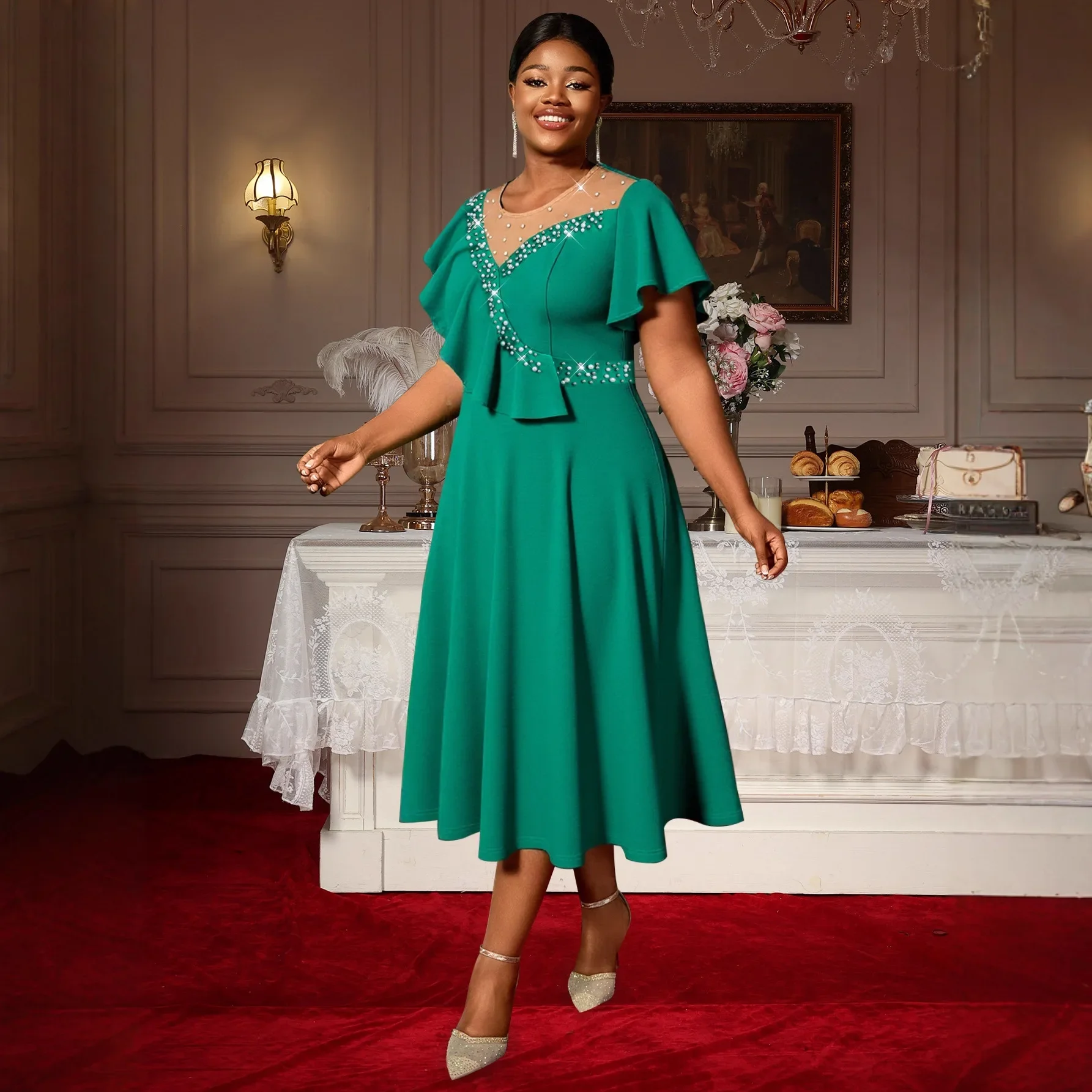 여성을위한 L-4XL 플러스 사이즈 아프리카 드레스 가을 우아한 아프리카 짧은 소매 메쉬 폴리 에스터 미디 드레스 대시 키 아프리카 의류