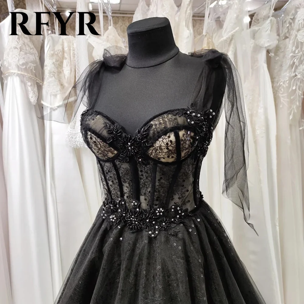 RFYR Spaghetti Strap Woman Black Evening Dress Gown A Line Ball Gown Sweetheart Sequin Lace Formal Night Dress Gown Customized