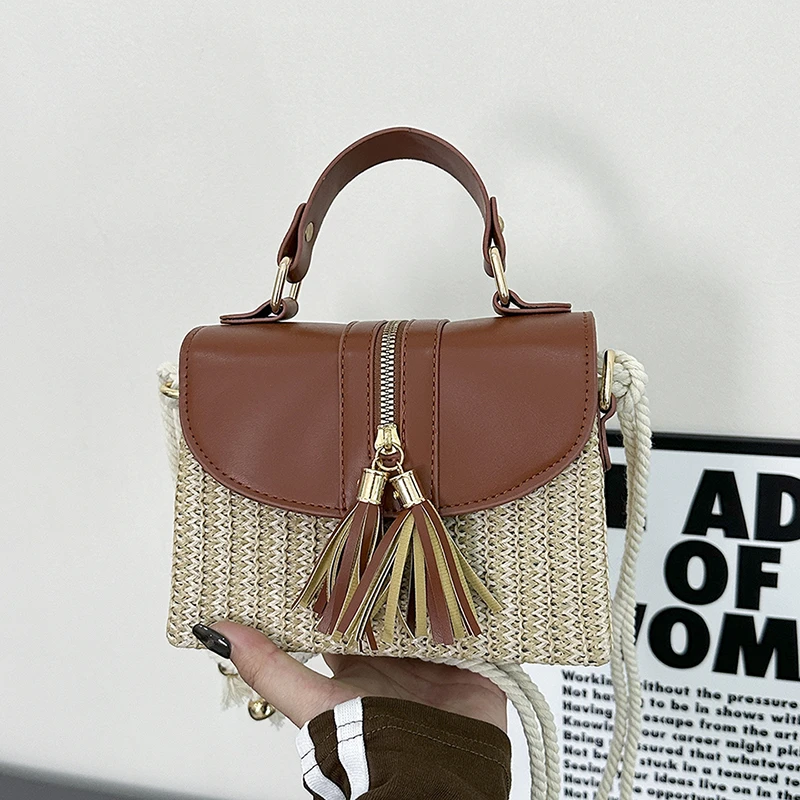 

Fashion Straw Spliced Pu Leather Box Shape Handbag Design Summer Bohemian Beach Small Square Bag Female Shoulder Crossbody Bag