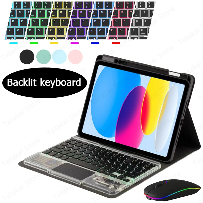 Keyboard Case with Pen Holder for Funda iPad 10th Generation 2022 Case RGB Backlit Clear Keyboard Touchpad BT Wireless Keyboard